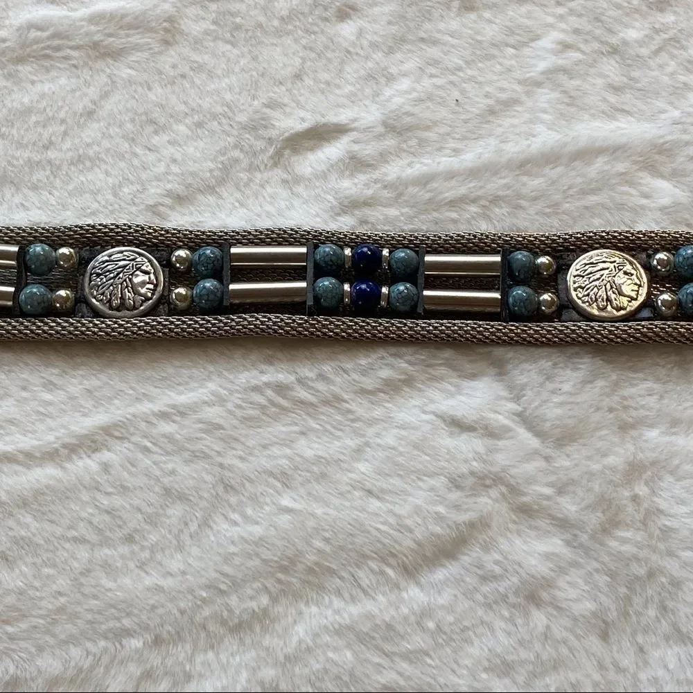 Metal Mesh Silver Tone Indian Head and Beaded Belt Size Small